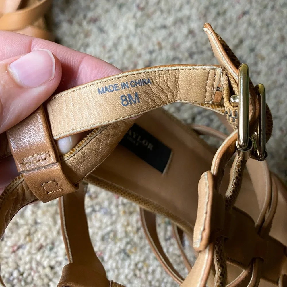 Ann Taylor Camel Brown Leather Strappy Open Toe Sandal Wedges